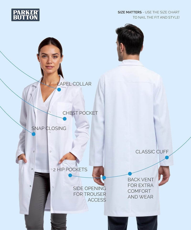 Parker Button Unisex Medical Lab Coat for Men & Women, Hip & Chest Pockets, Classic Fit, Snap Closing, 40" Length - Image 2